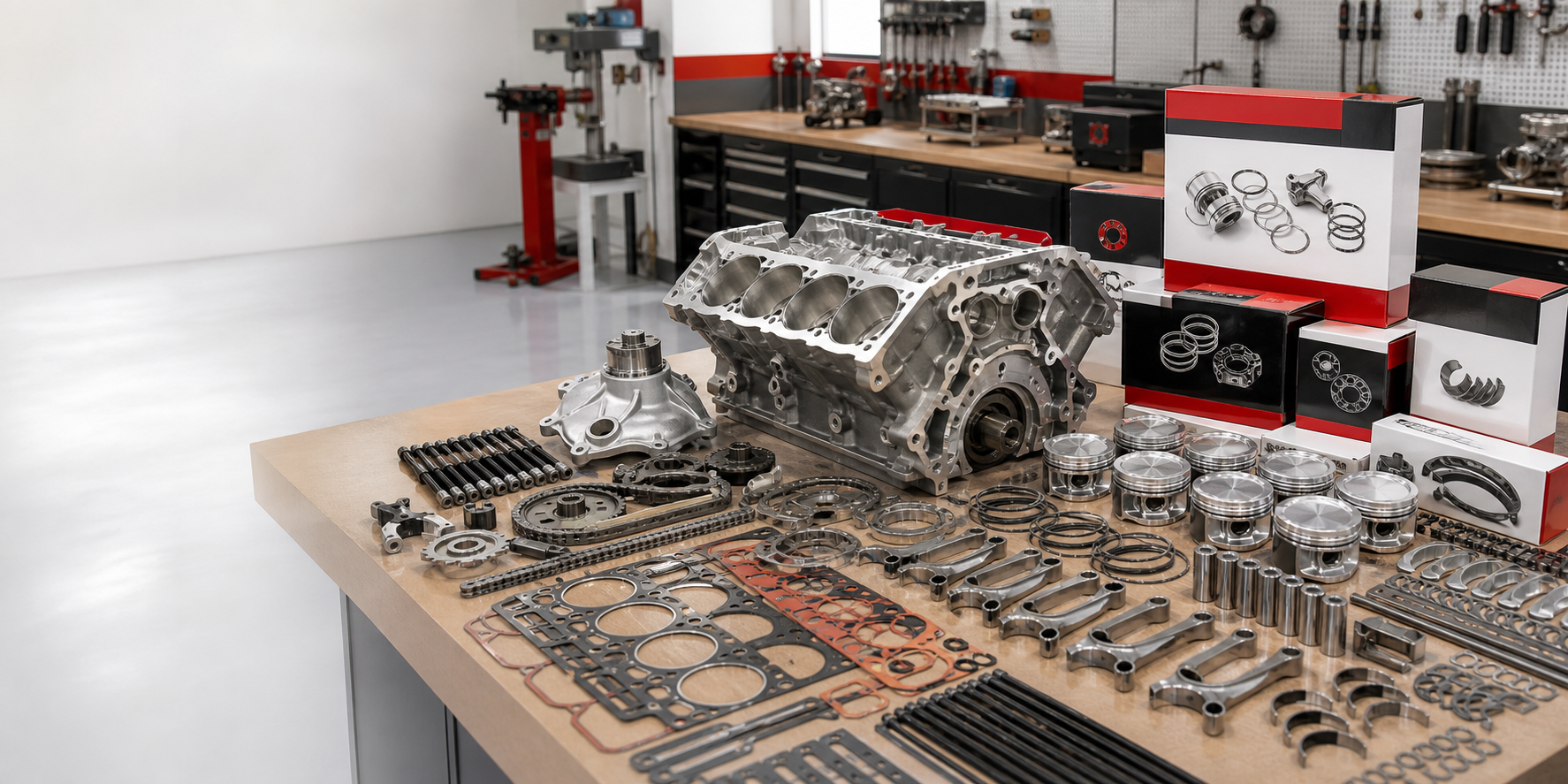 LS engine kit parts organized on a professional workbench